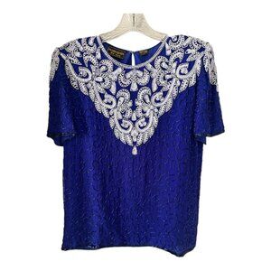 Vintage Mark & John by Sam Royal Blue Beaded Silk Evening Top Formal Blouse